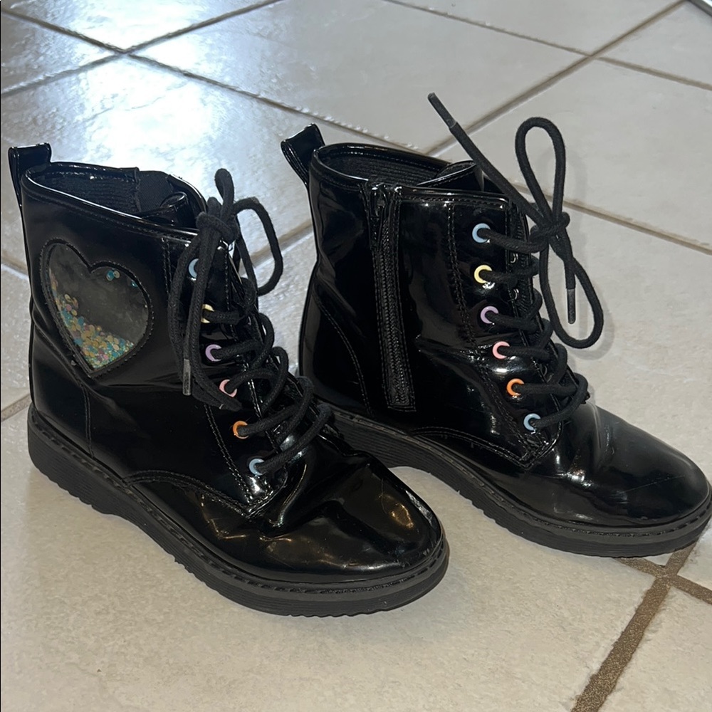 Children’s Place Black Patent Leather Boots with Heart Detail